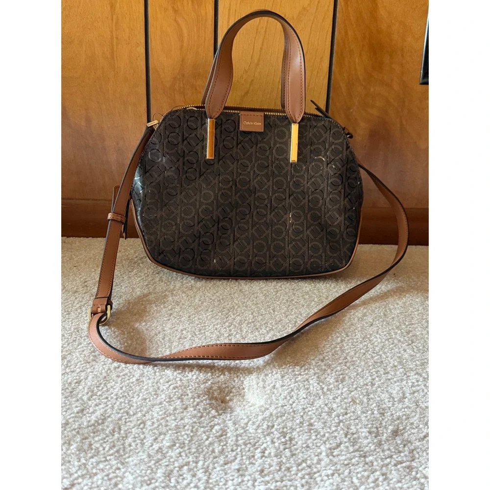 Calvin Klein Monogram Satchel Brown Cognac Logo Dome Crossbody Bag